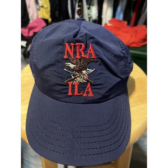 NRA ILA Eagle Logo Nylon Hat Blue w/ Leather Strap Back Adjustable Vintage - Picture 1 of 5